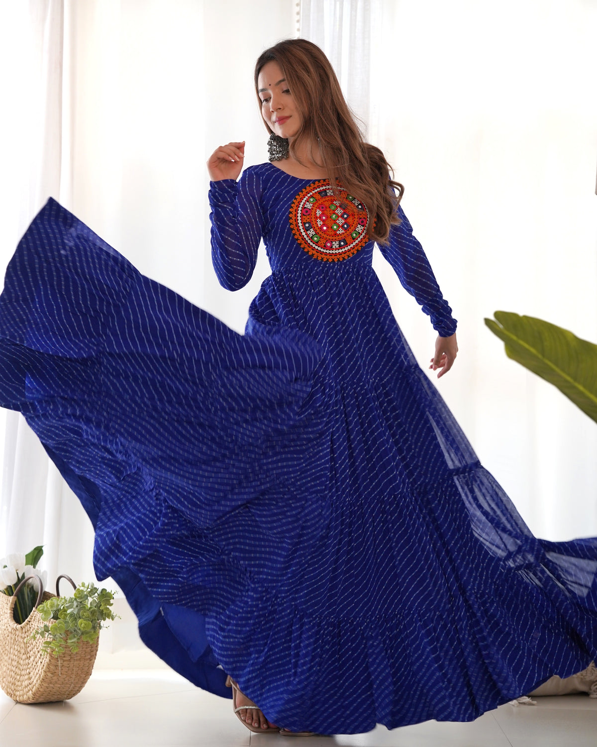 Laheriya Print Faux Georgette 7M+ Flair Anarkali Gown with Gamthi Yoke & Back Dori