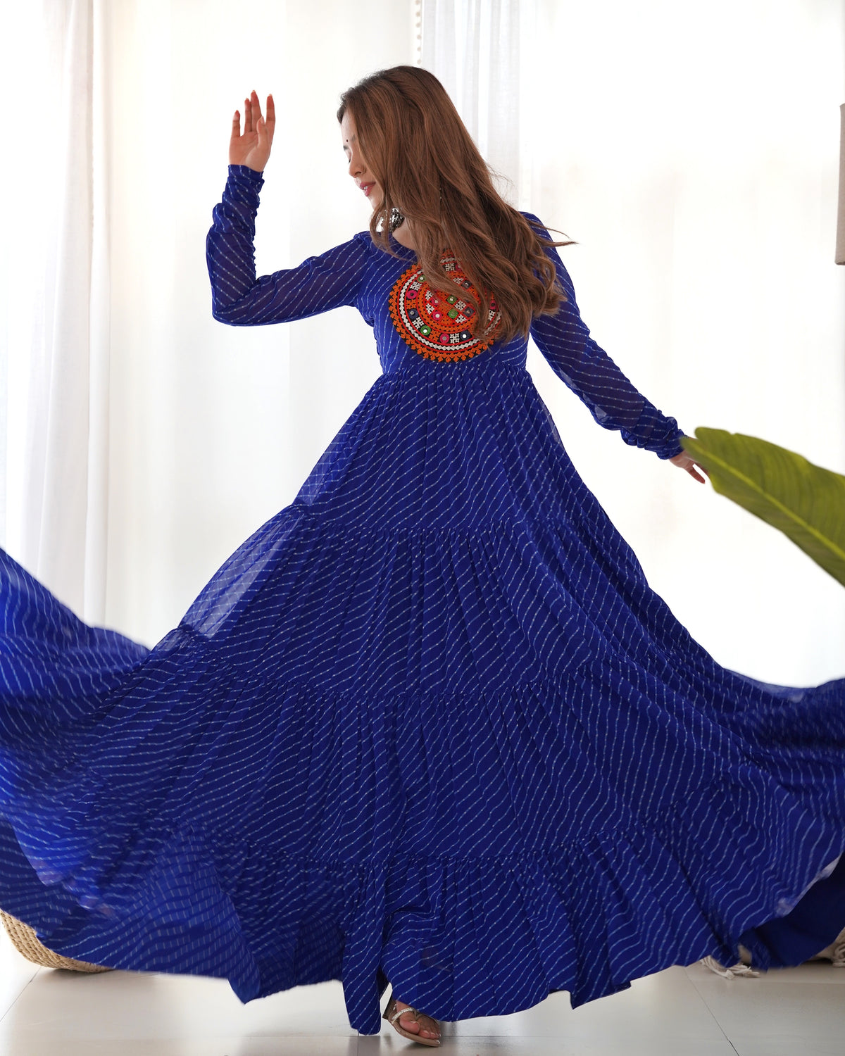 Laheriya Print Faux Georgette 7M+ Flair Anarkali Gown with Gamthi Yoke & Back Dori