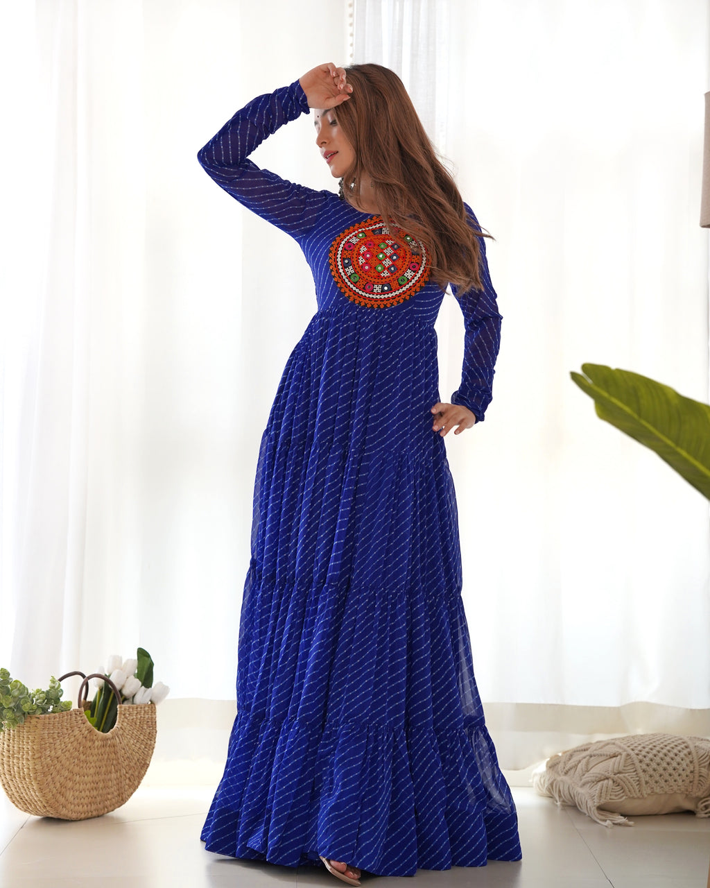 Laheriya Print Faux Georgette 7M+ Flair Anarkali Gown with Gamthi Yoke & Back Dori