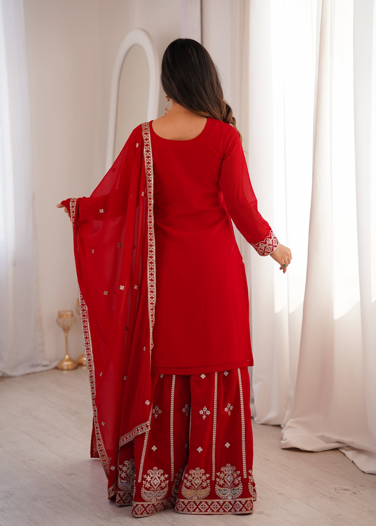 Pure Fox Georgette Embroidered Top with Sharara & Dupatta Set