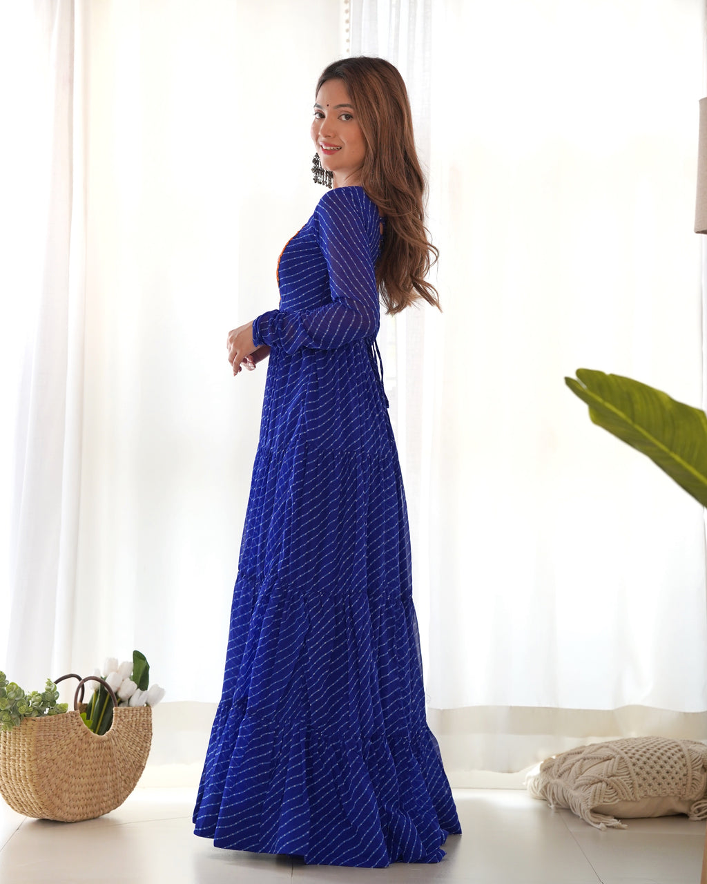 Laheriya Print Faux Georgette 7M+ Flair Anarkali Gown with Gamthi Yoke & Back Dori