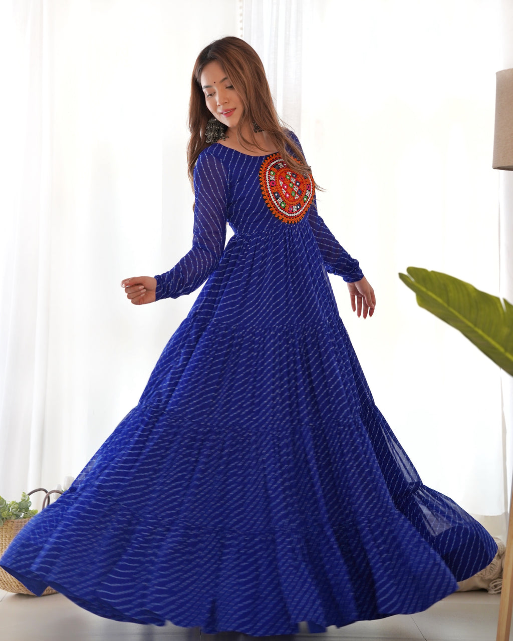 Laheriya Print Faux Georgette 7M+ Flair Anarkali Gown with Gamthi Yoke & Back Dori