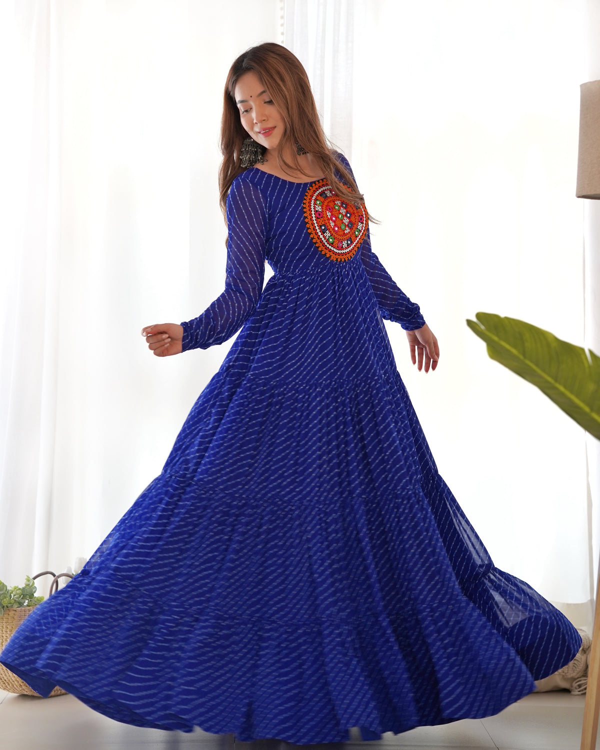 Laheriya Print Faux Georgette 7M+ Flair Anarkali Gown with Gamthi Yoke & Back Dori