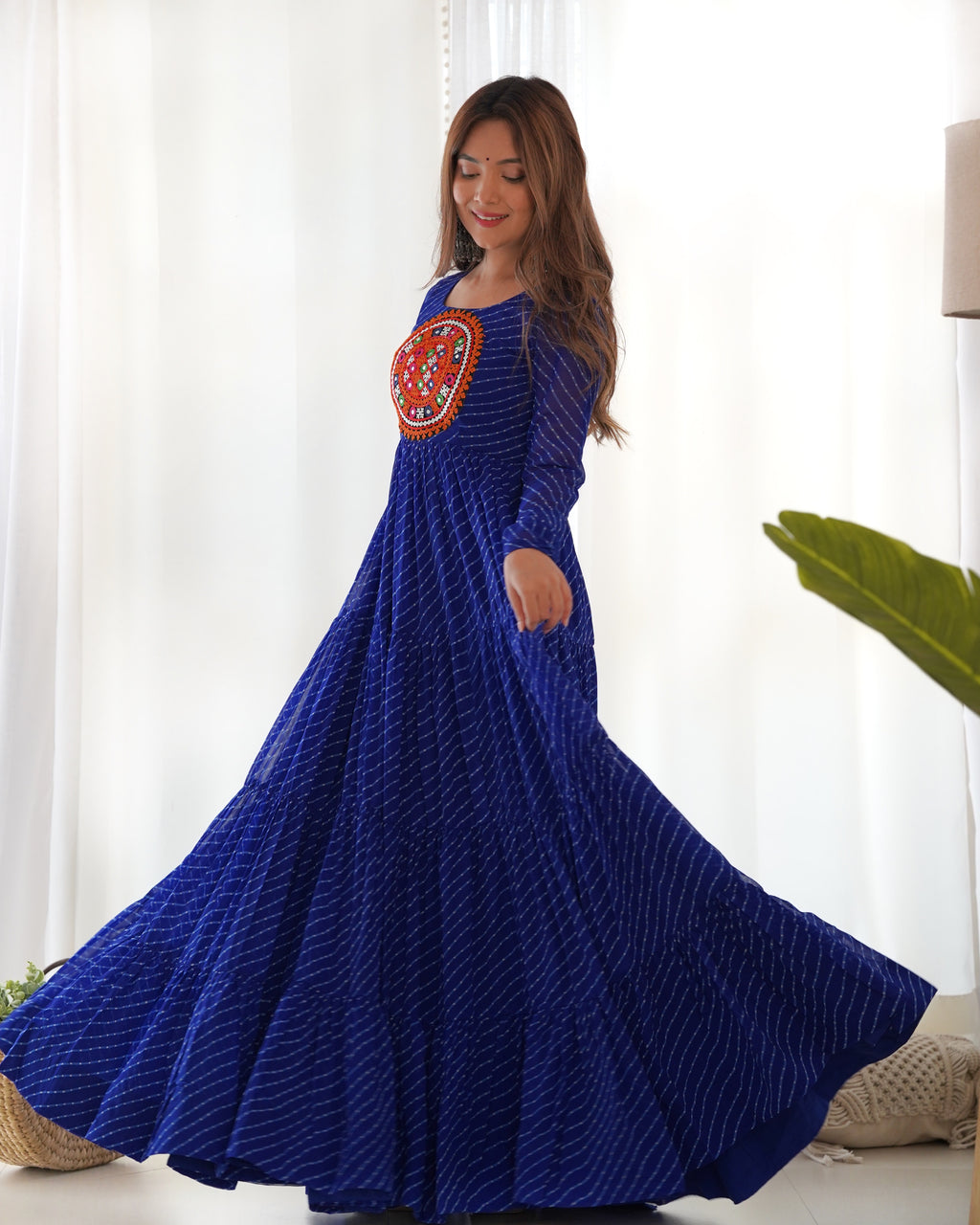 Laheriya Print Faux Georgette 7M+ Flair Anarkali Gown with Gamthi Yoke & Back Dori