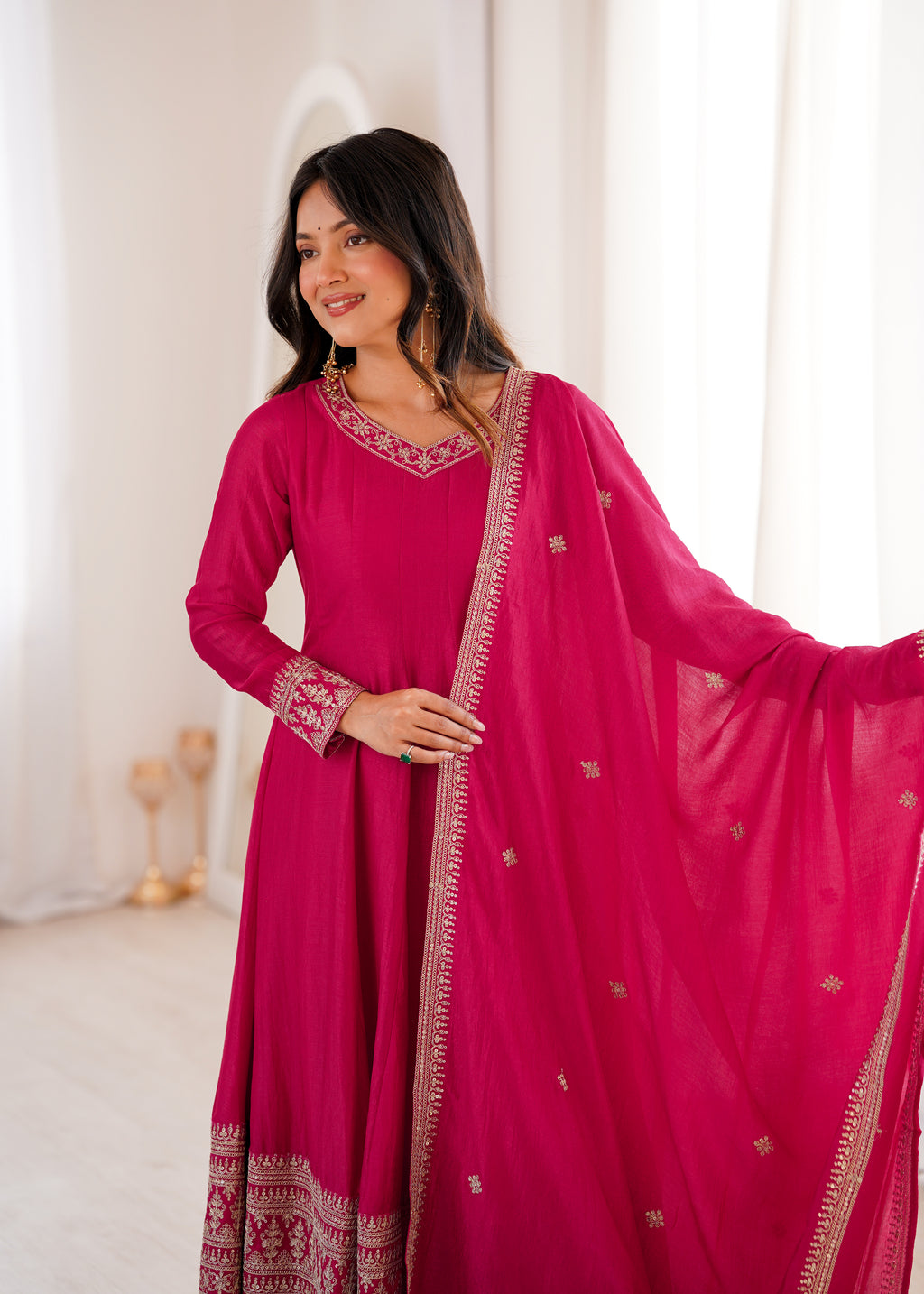 Blooming Vichitra Silk Flared Anarkali Gown with Dupatta & Pant Set