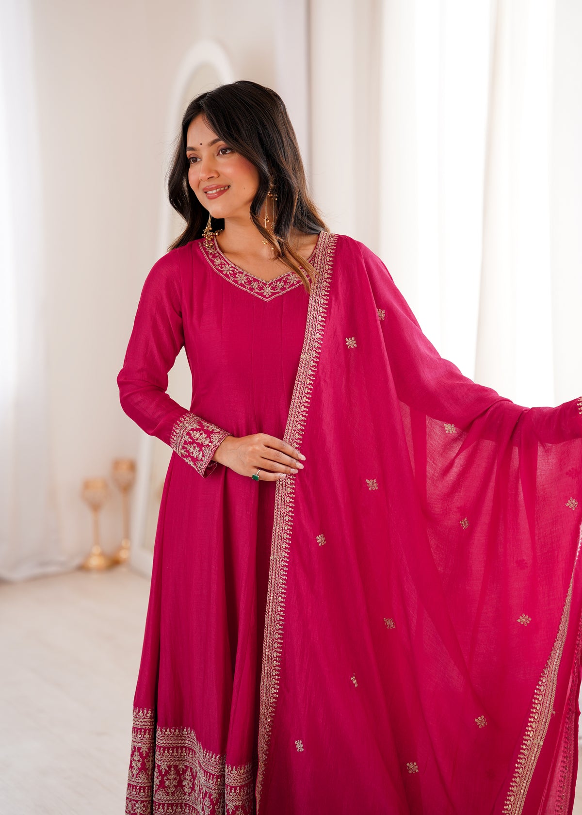 Blooming Vichitra Silk Flared Anarkali Gown with Dupatta & Pant Set
