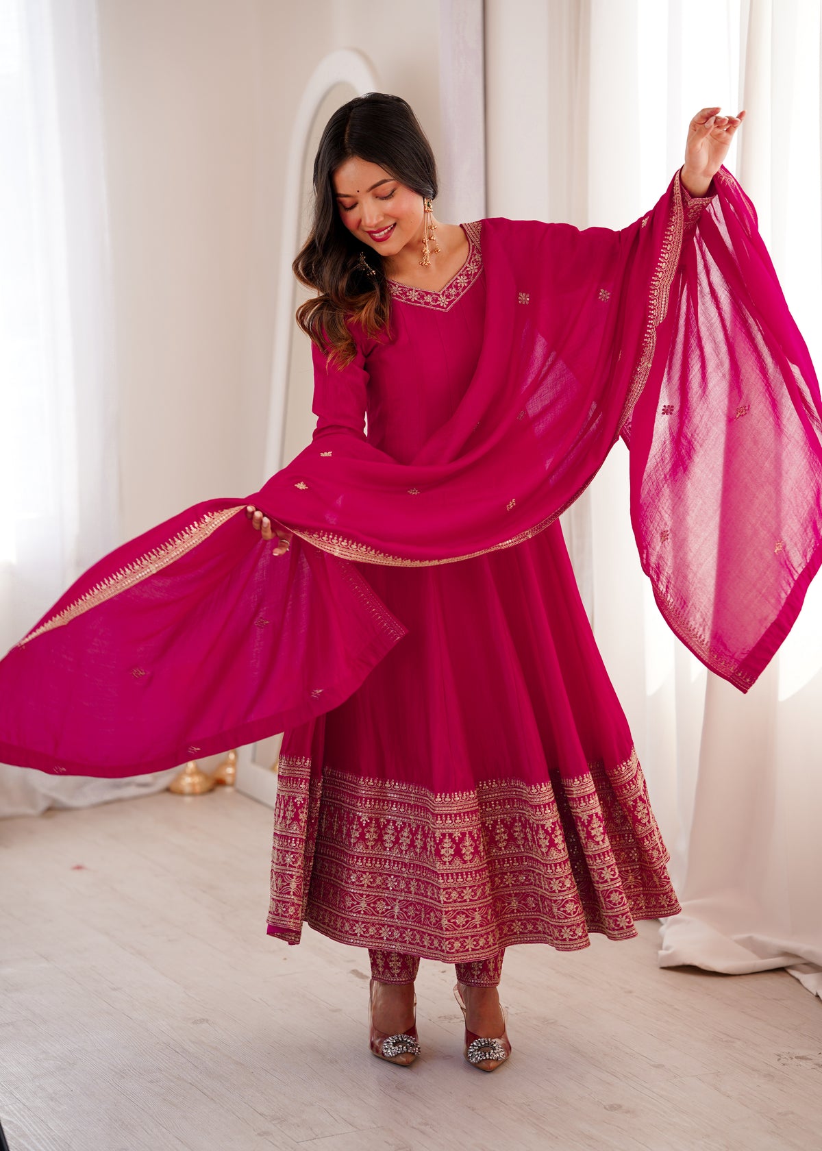 Blooming Vichitra Silk Flared Anarkali Gown with Dupatta & Pant Set