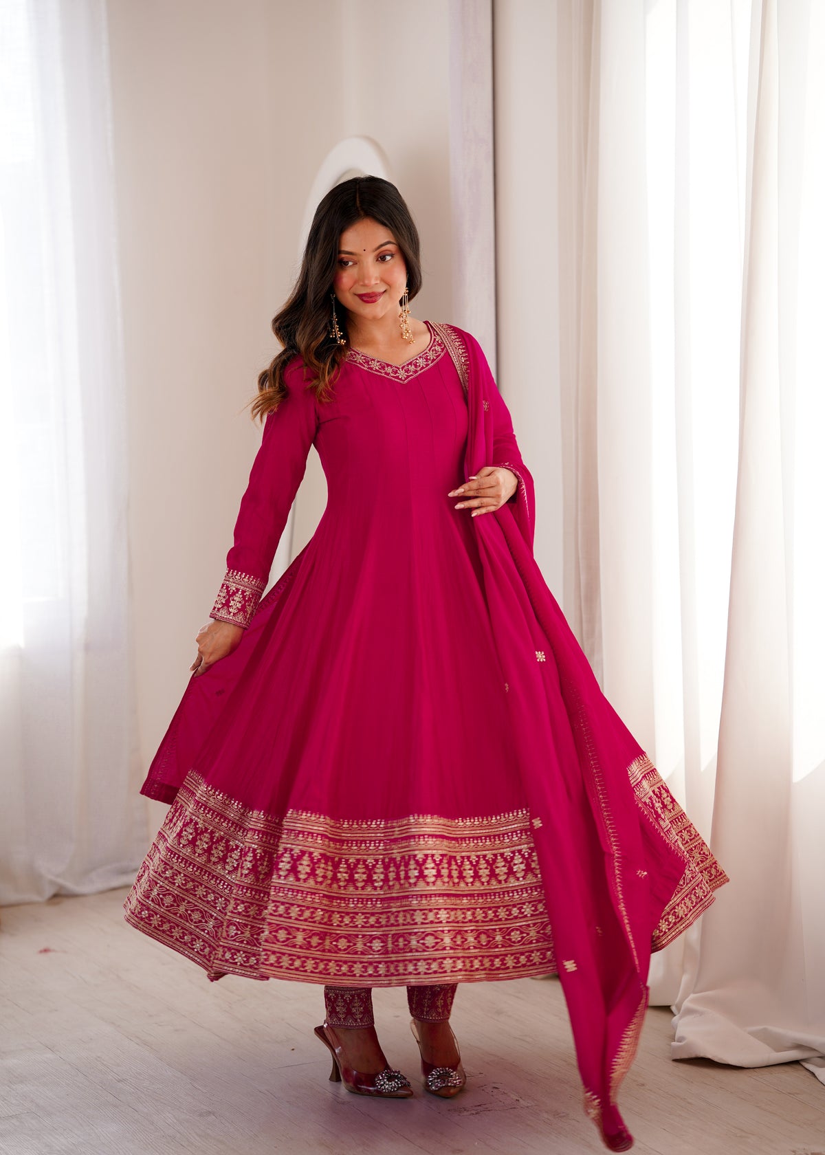 Blooming Vichitra Silk Flared Anarkali Gown with Dupatta & Pant Set