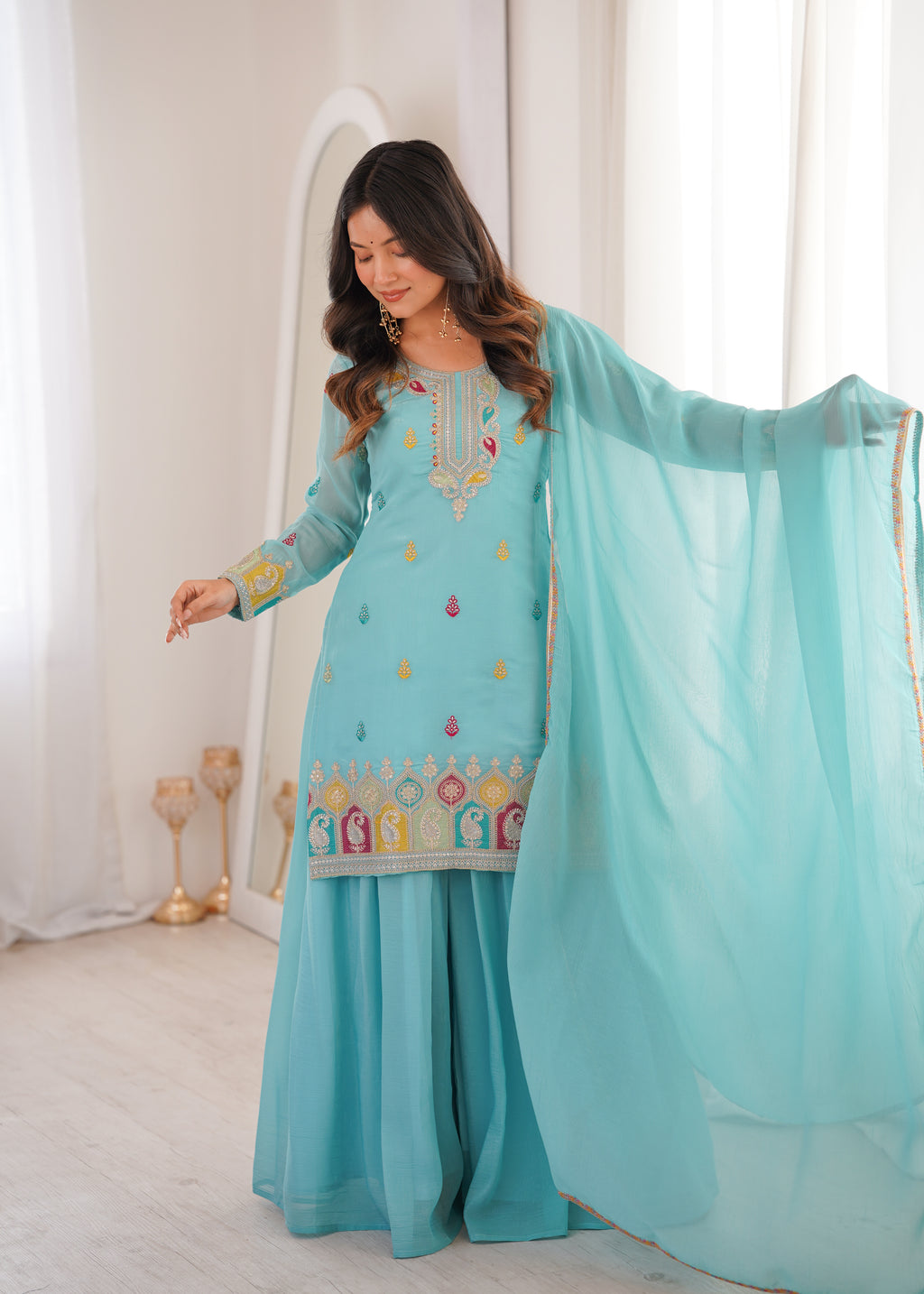 Sky Blue Crunchy Silk Sharara Set with Embroidery, Jari Work & Multicolor Lace Dupatta