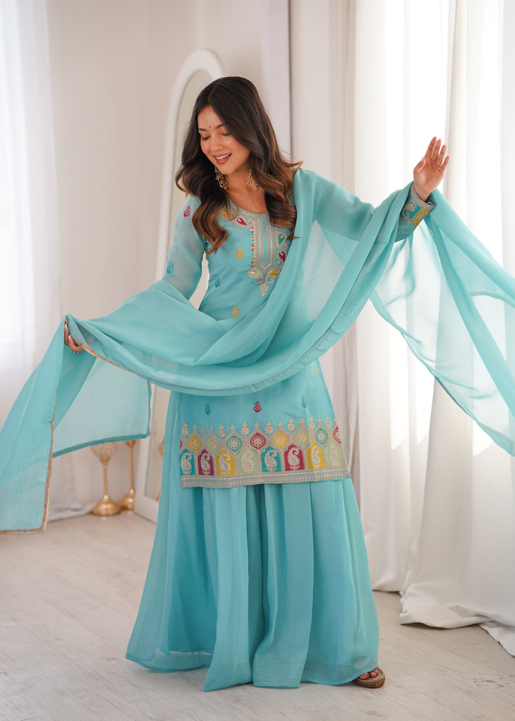 Sky Blue Crunchy Silk Sharara Set with Embroidery, Jari Work & Multicolor Lace Dupatta