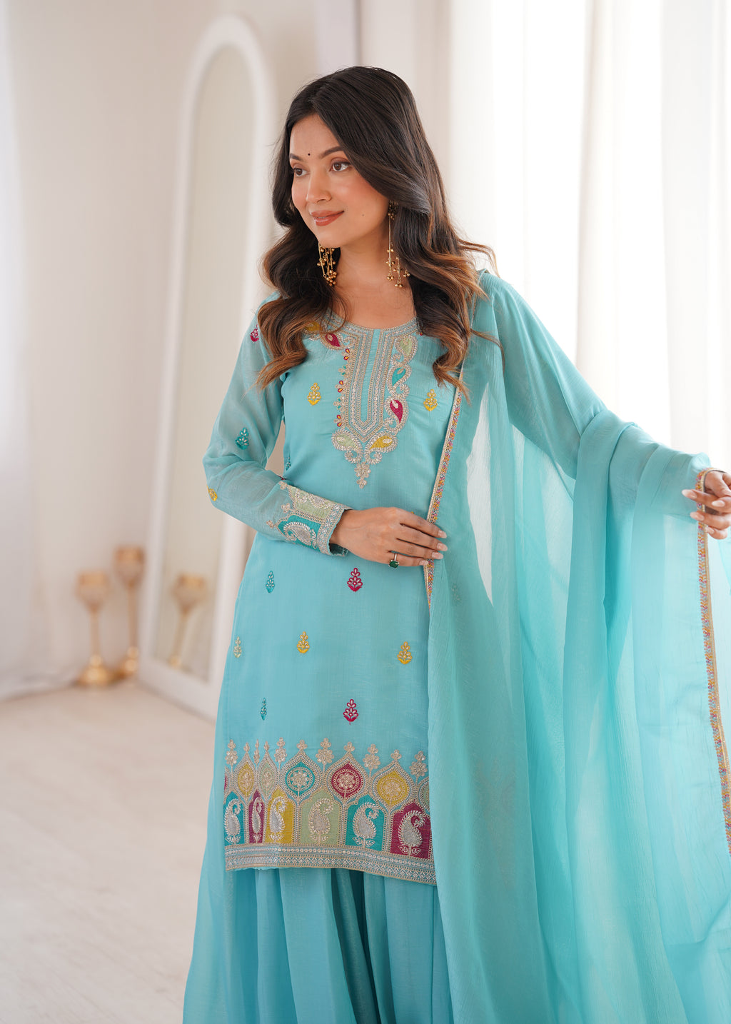 Sky Blue Crunchy Silk Sharara Set with Embroidery, Jari Work & Multicolor Lace Dupatta