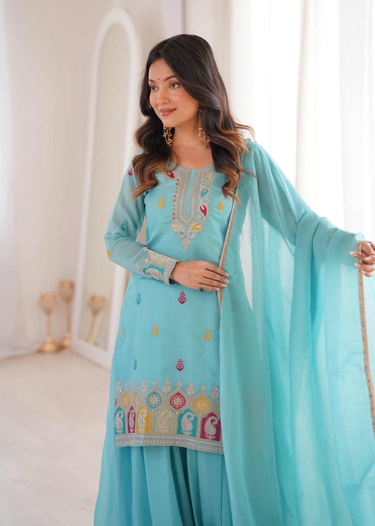 Sky Blue Crunchy Silk Sharara Set with Embroidery, Jari Work & Multicolor Lace Dupatta