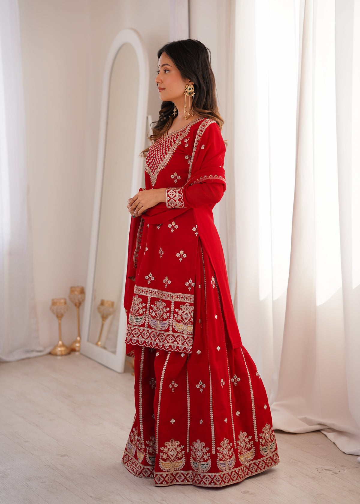 Pure Fox Georgette Embroidered Top with Sharara & Dupatta Set