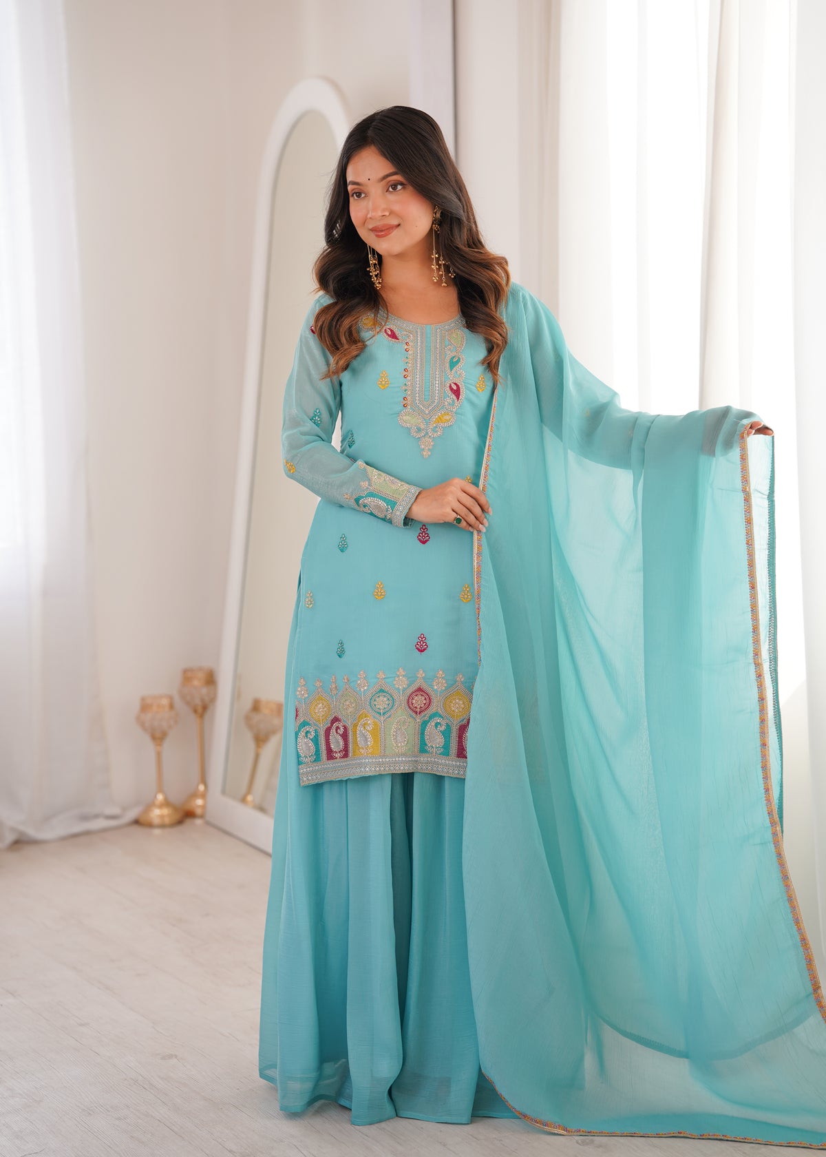 Sky Blue Crunchy Silk Sharara Set with Embroidery, Jari Work & Multicolor Lace Dupatta