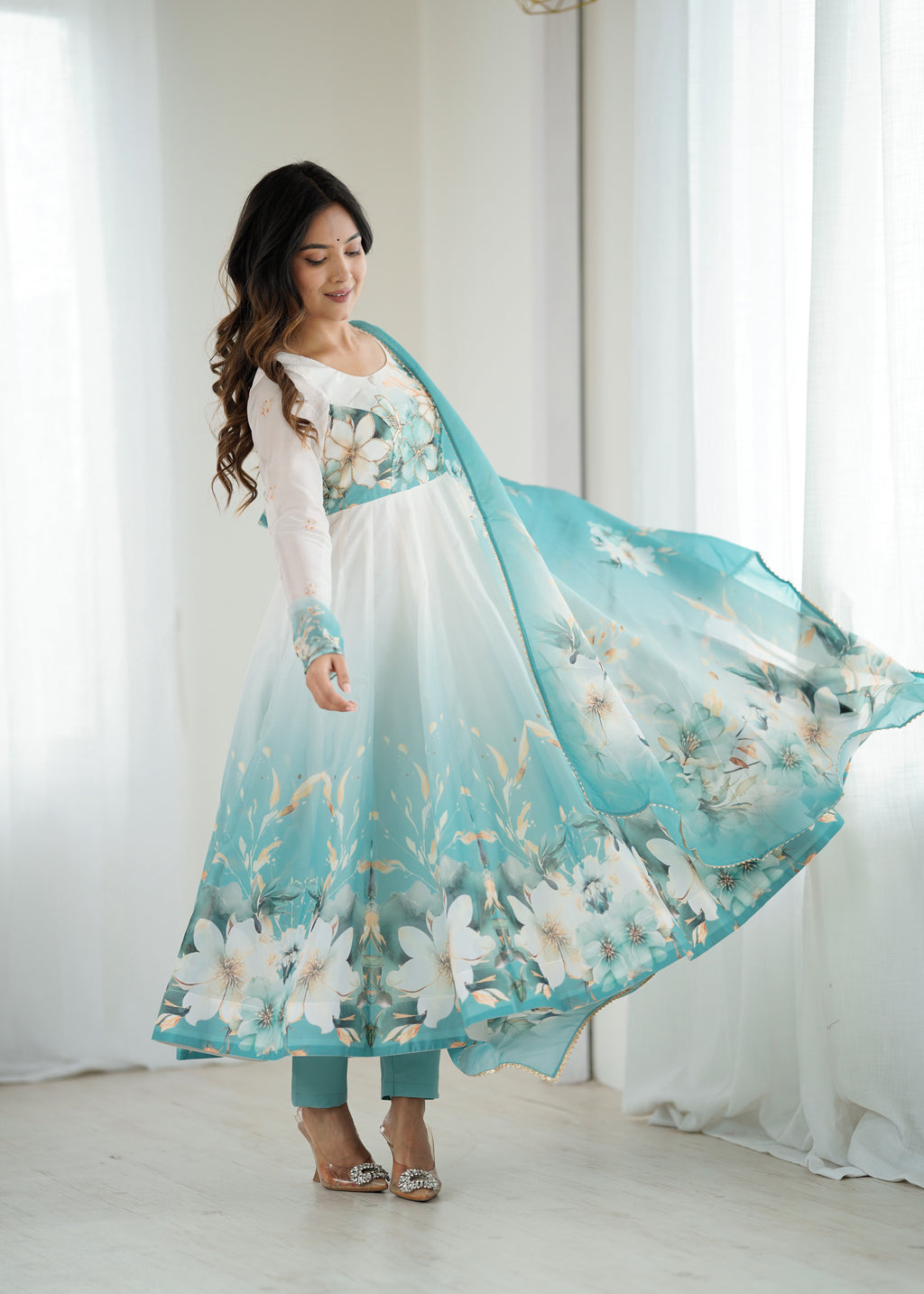 Aqua Blue Floral Printed Organza Silk Flared Anarkali Gown Set with Dupatta & Pant