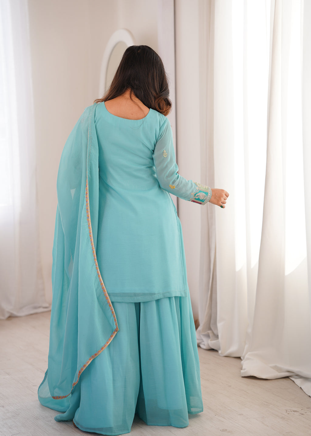 Sky Blue Crunchy Silk Sharara Set with Embroidery, Jari Work & Multicolor Lace Dupatta