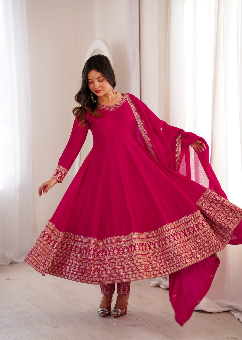 Blooming Vichitra Silk Flared Anarkali Gown with Dupatta & Pant Set
