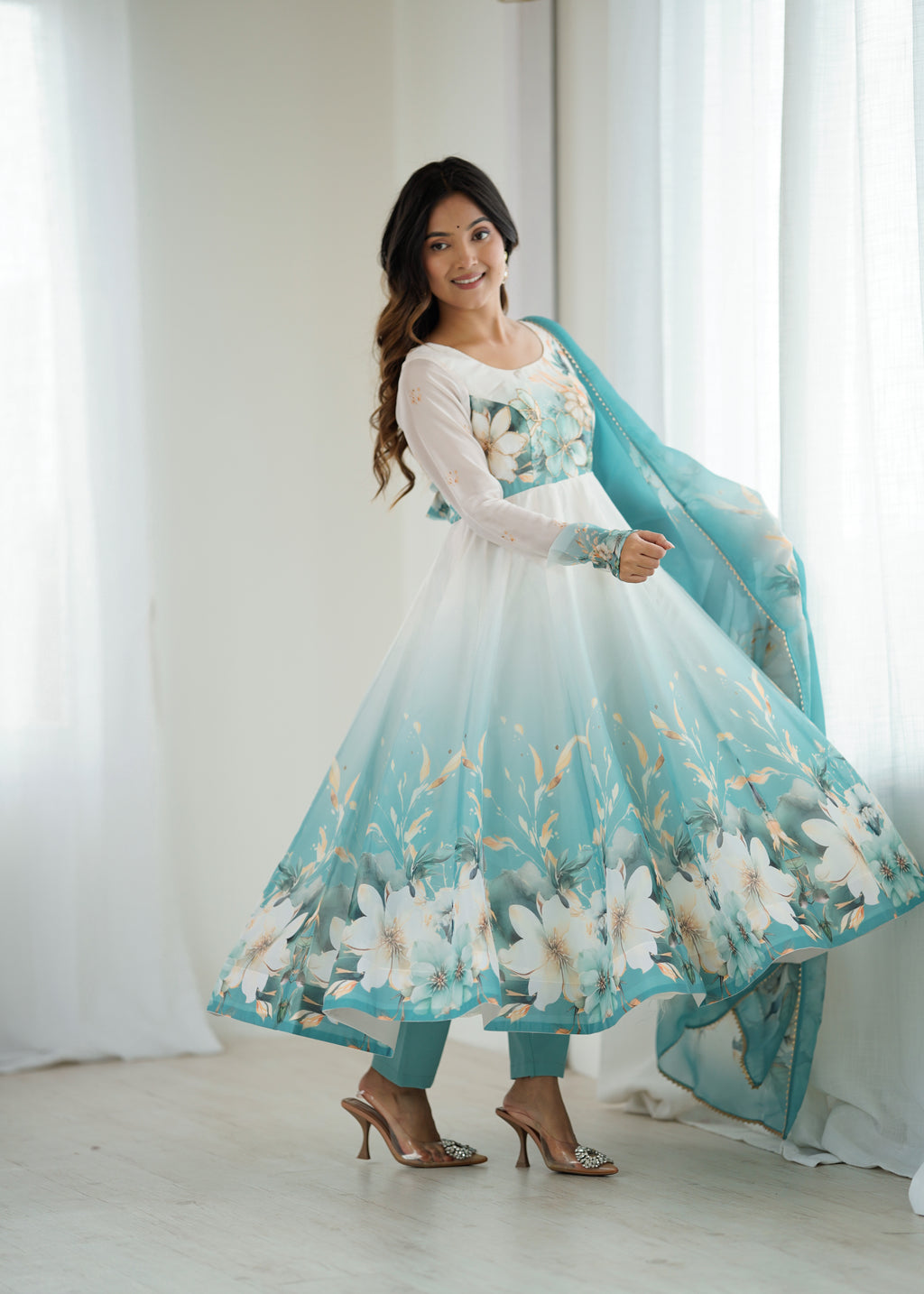 Aqua Blue Floral Printed Organza Silk Flared Anarkali Gown Set with Dupatta & Pant