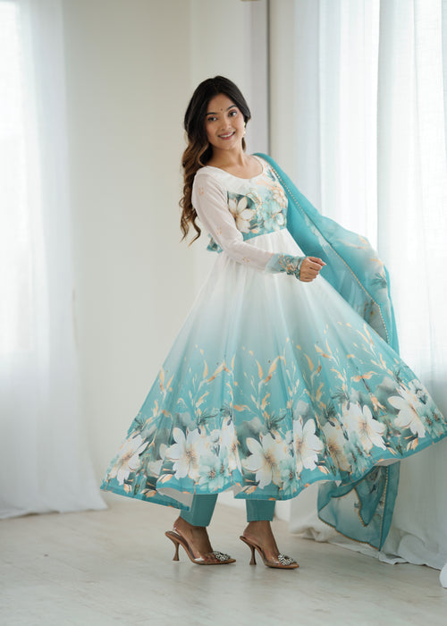 Aqua Blue Floral Printed Organza Silk Flared Anarkali Gown Set with Dupatta & Pant