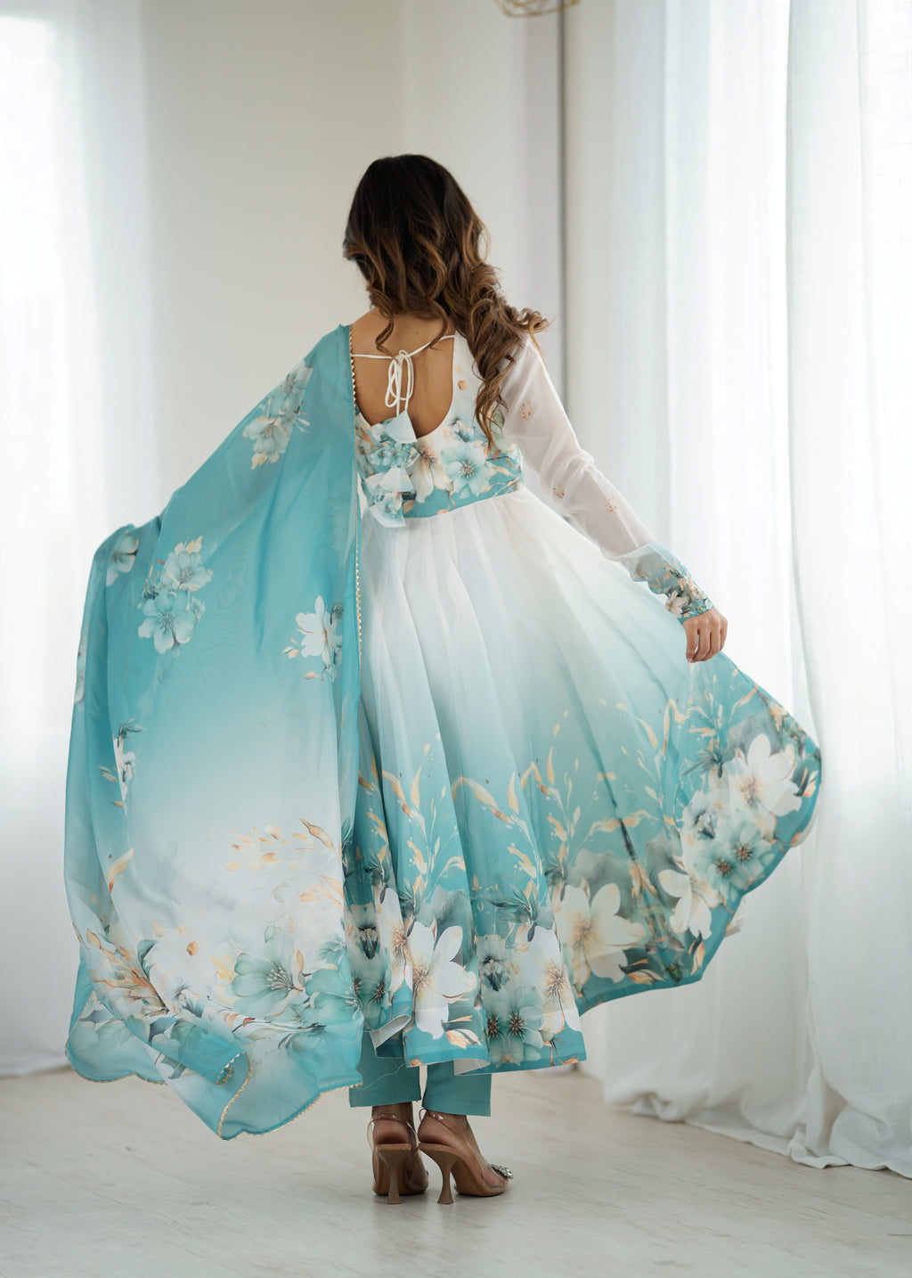 Aqua Blue Floral Printed Organza Silk Flared Anarkali Gown Set with Dupatta & Pant