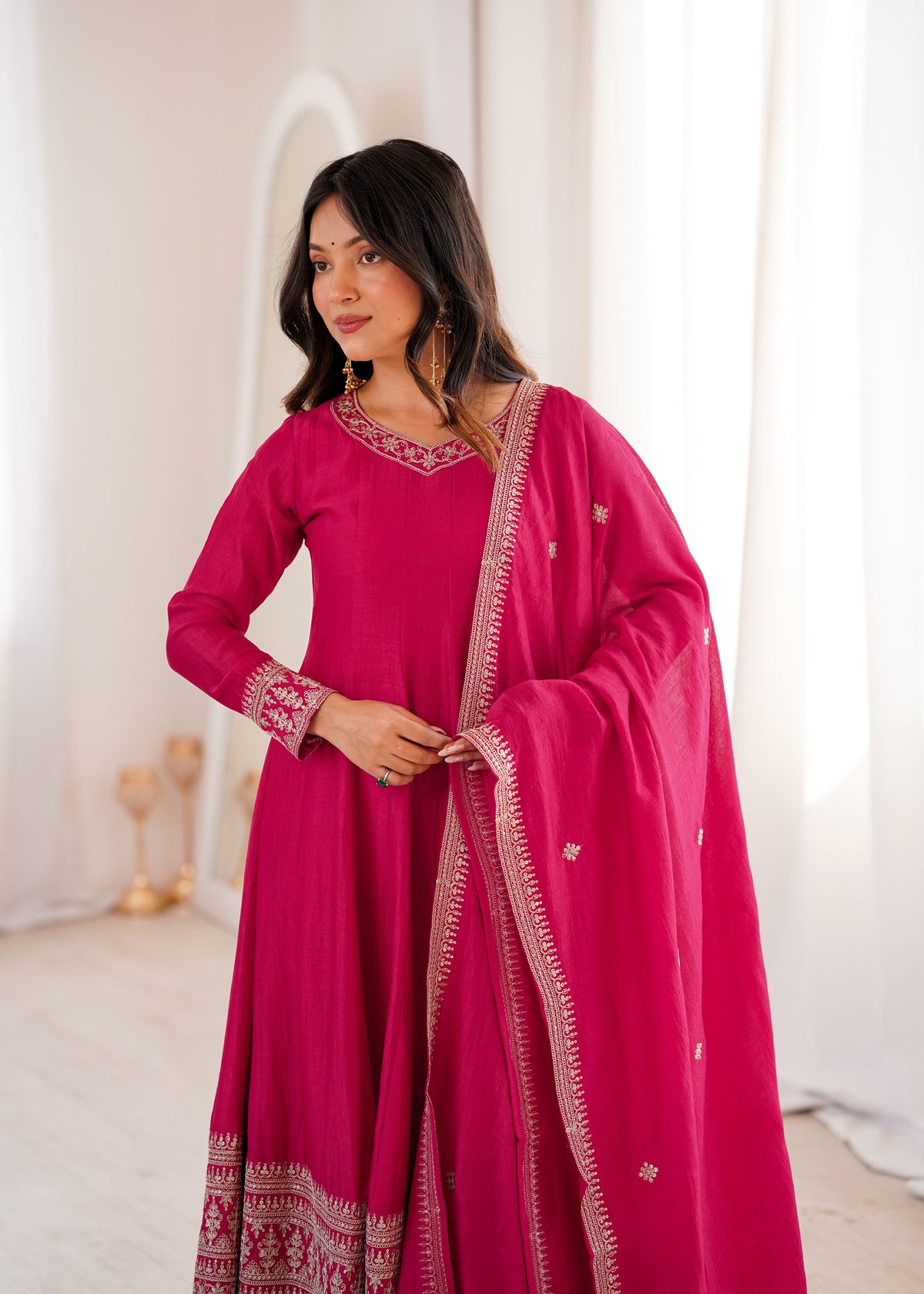 Blooming Vichitra Silk Flared Anarkali Gown with Dupatta & Pant Set