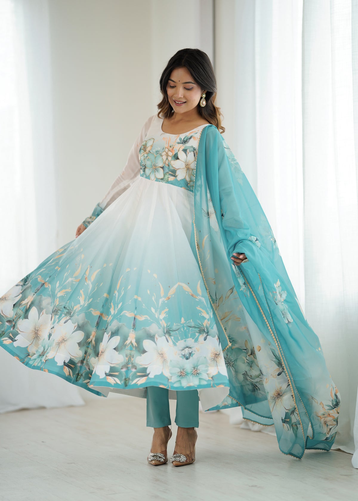 Aqua Blue Floral Printed Organza Silk Flared Anarkali Gown Set with Dupatta & Pant