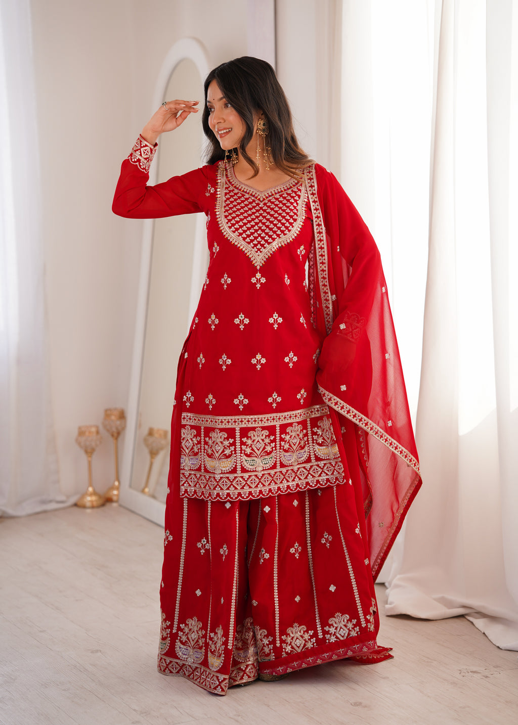 Pure Fox Georgette Embroidered Top with Sharara & Dupatta Set