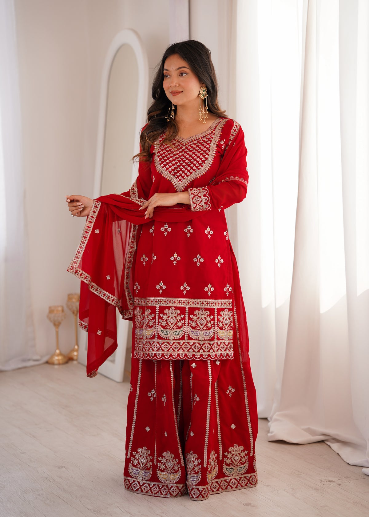 Pure Fox Georgette Embroidered Top with Sharara & Dupatta Set