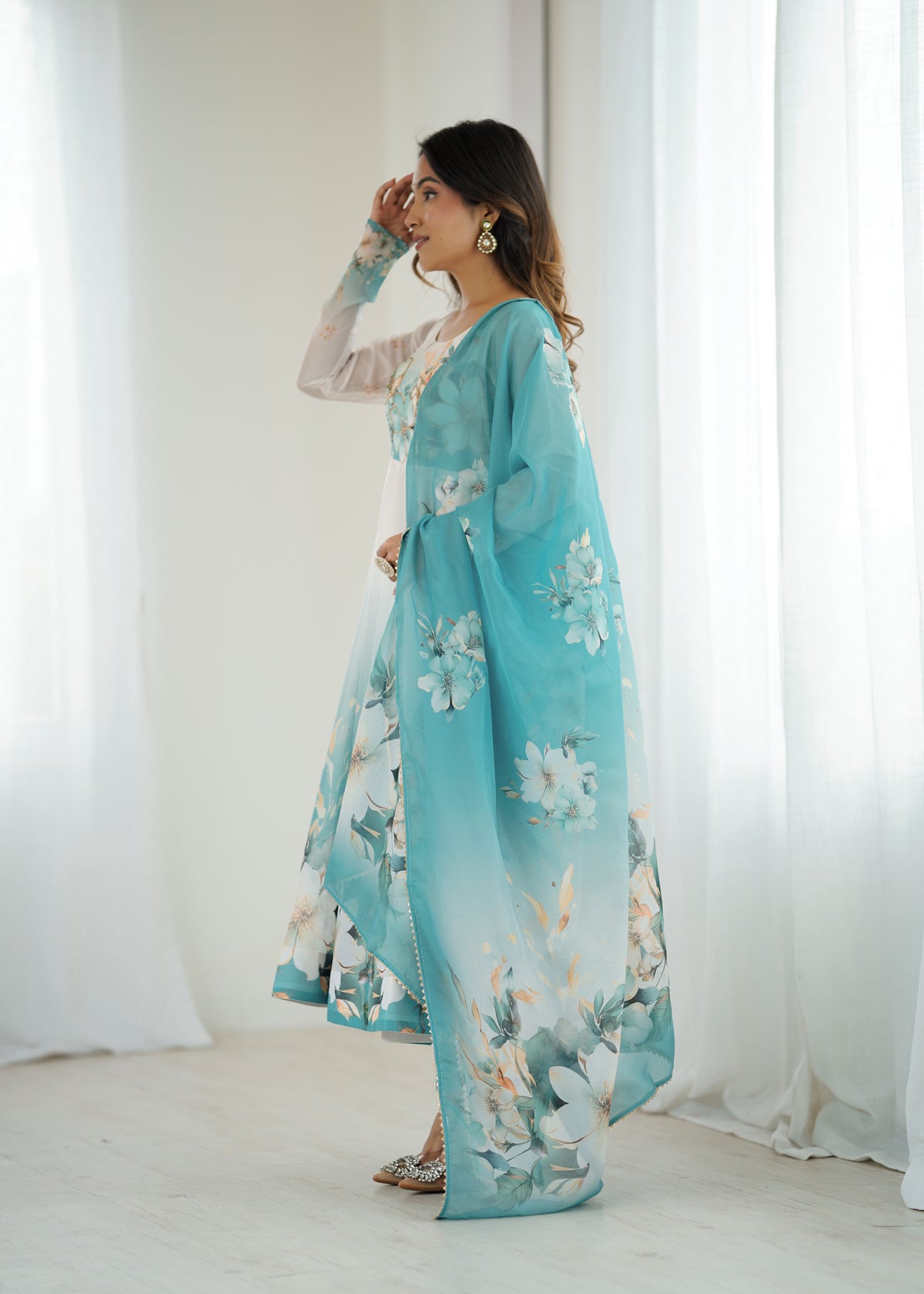 Aqua Blue Floral Printed Organza Silk Flared Anarkali Gown Set with Dupatta & Pant