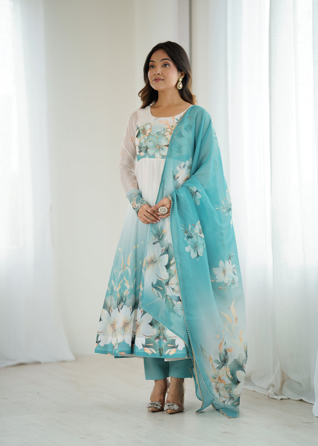 Aqua Blue Floral Printed Organza Silk Flared Anarkali Gown Set with Dupatta & Pant