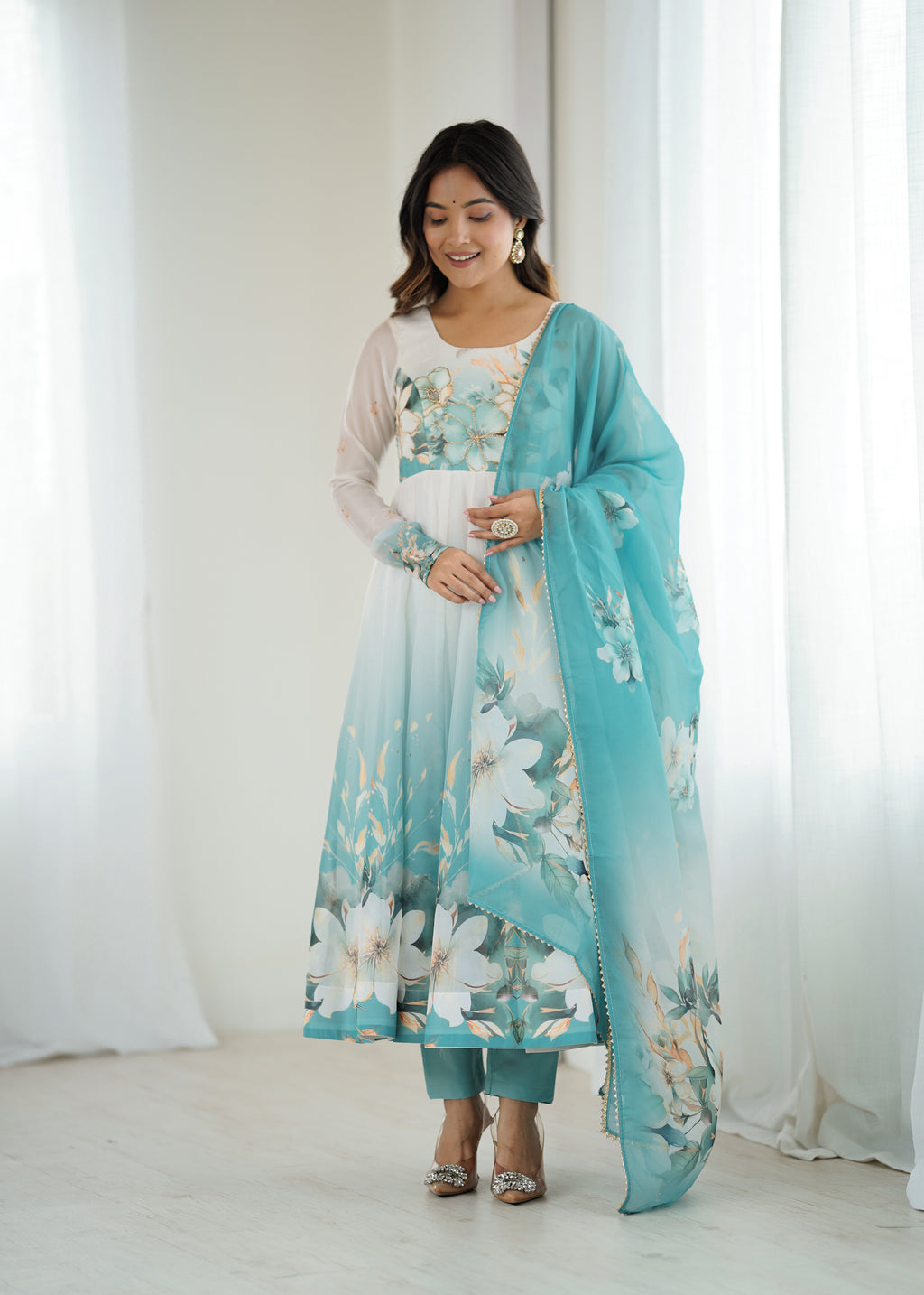 Aqua Blue Floral Printed Organza Silk Flared Anarkali Gown Set with Dupatta & Pant
