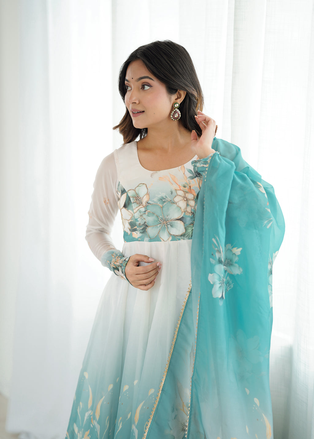 Aqua Blue Floral Printed Organza Silk Flared Anarkali Gown Set with Dupatta & Pant