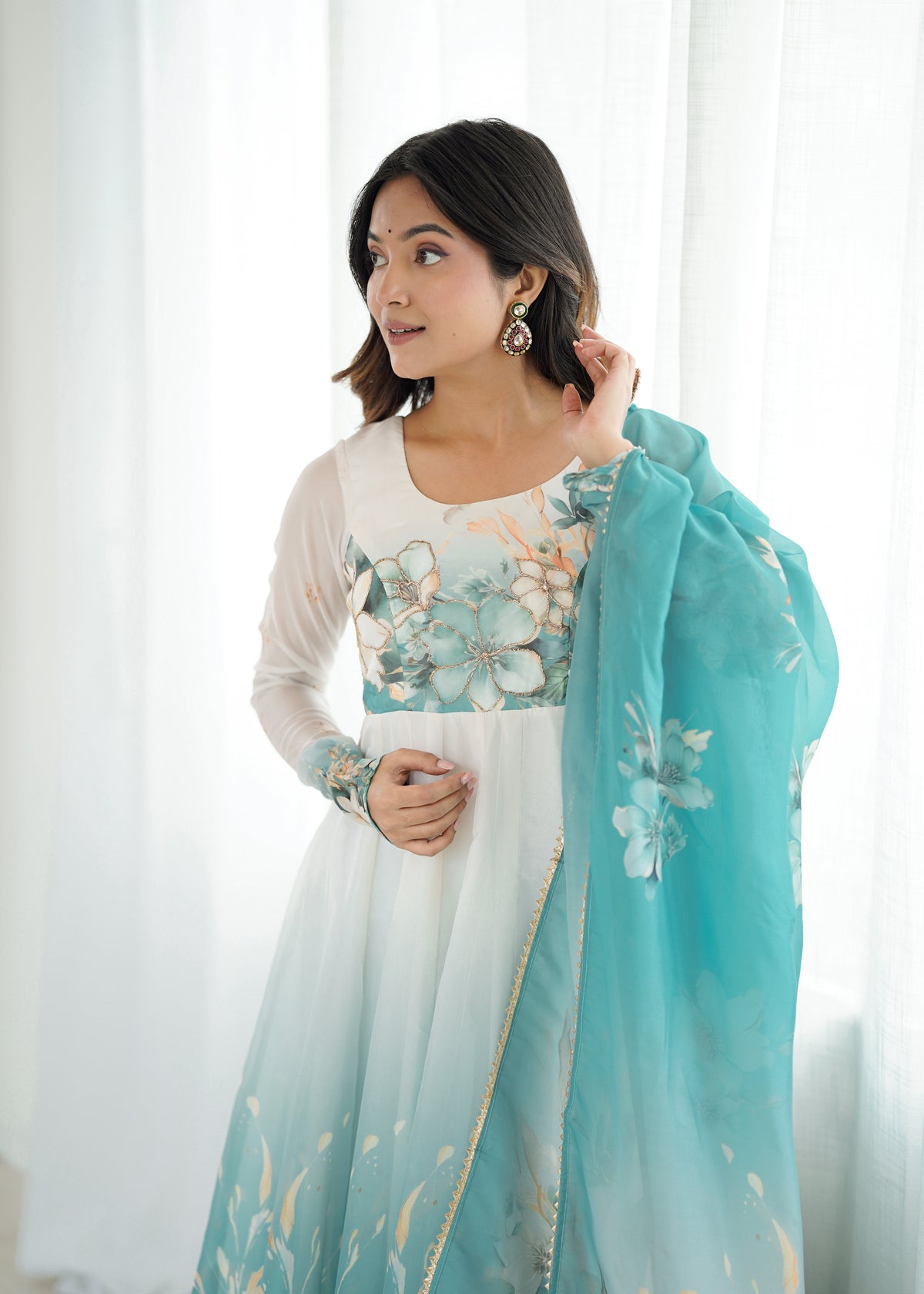 Aqua Blue Floral Printed Organza Silk Flared Anarkali Gown Set with Dupatta & Pant