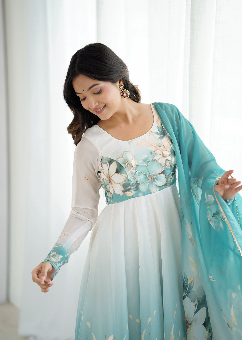 Aqua Blue Floral Printed Organza Silk Flared Anarkali Gown Set with Dupatta & Pant