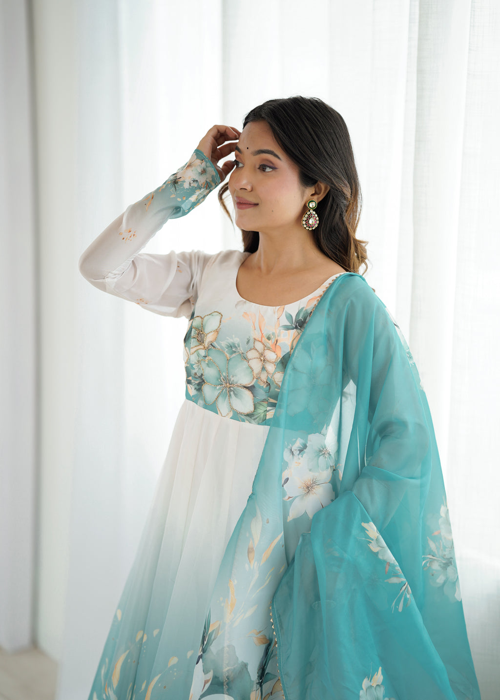 Aqua Blue Floral Printed Organza Silk Flared Anarkali Gown Set with Dupatta & Pant