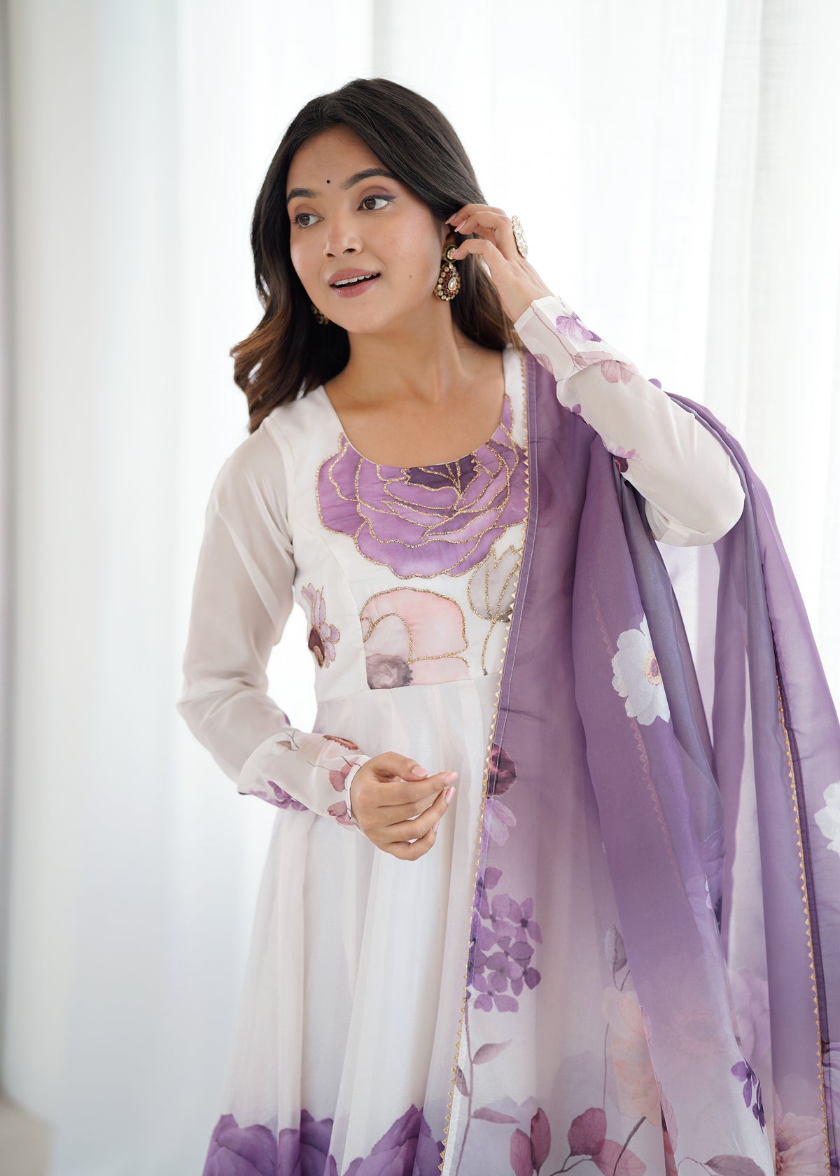 Violet & Onion Pink Floral Organza Silk Anarkali Gown with Gota Patti Dupatta & Pant Set