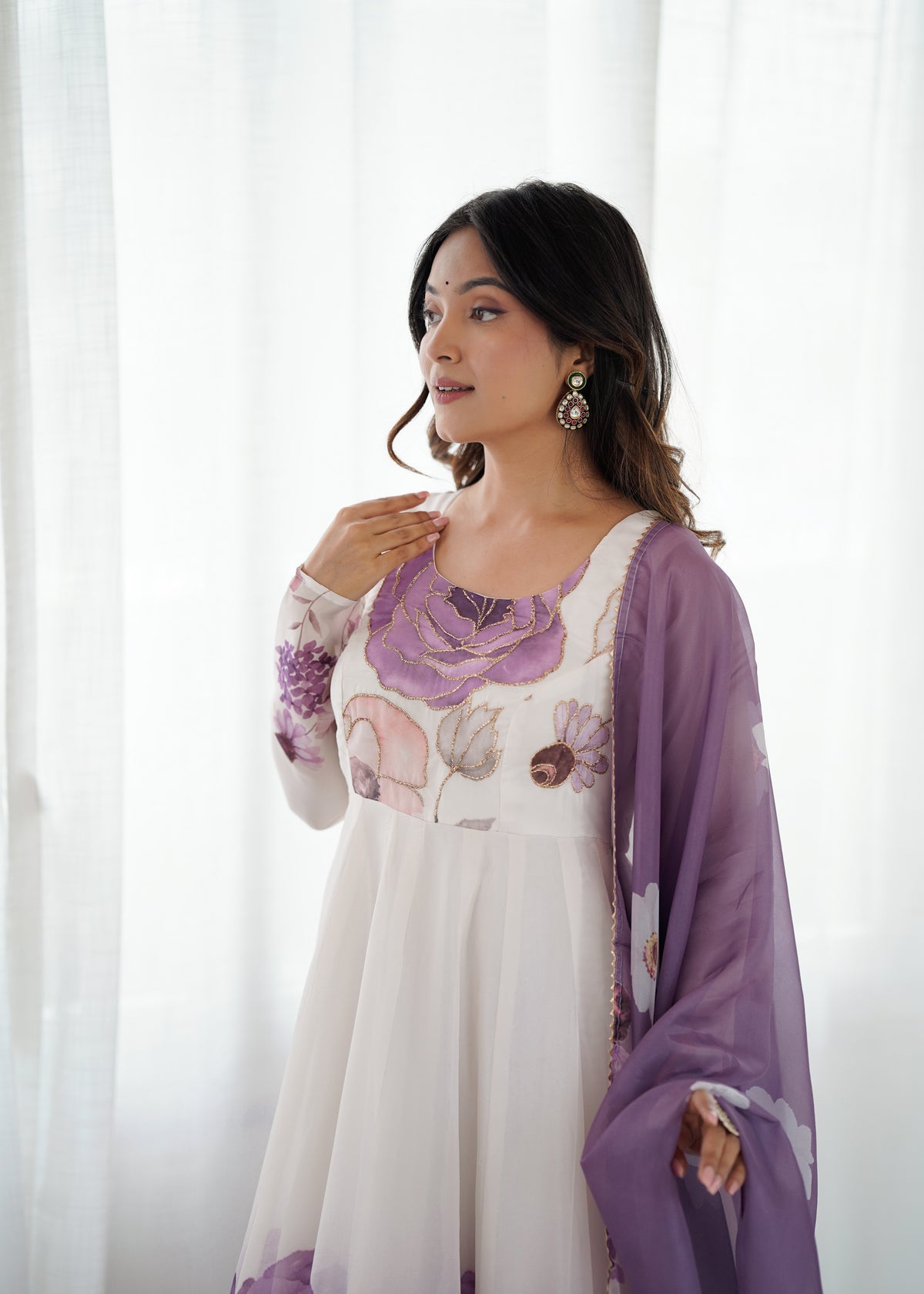 Violet & Onion Pink Floral Organza Silk Anarkali Gown with Gota Patti Dupatta & Pant Set