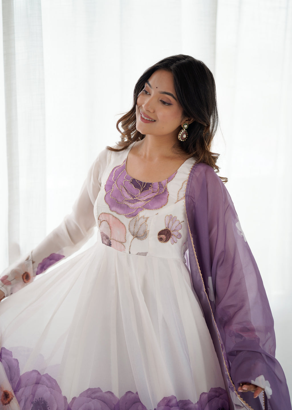Violet & Onion Pink Floral Organza Silk Anarkali Gown with Gota Patti Dupatta & Pant Set