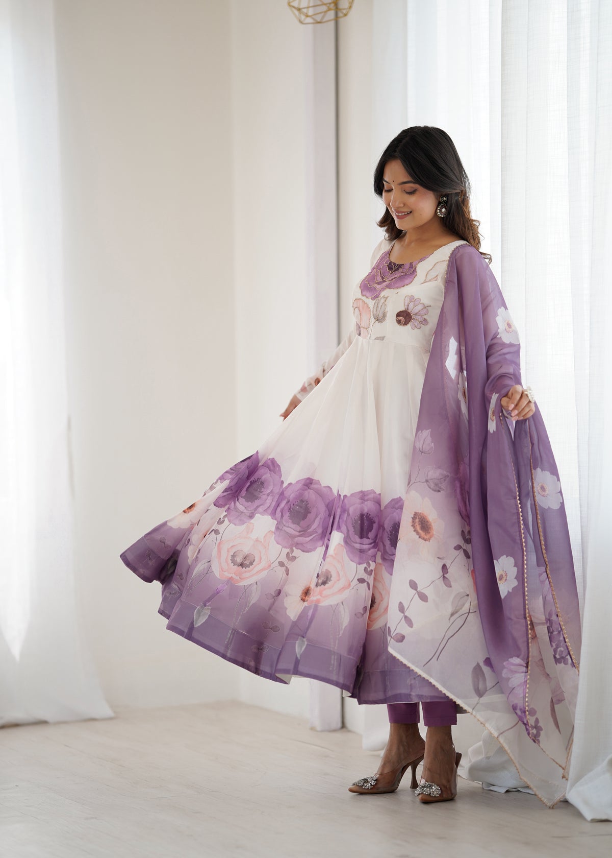 Violet & Onion Pink Floral Organza Silk Anarkali Gown with Gota Patti Dupatta & Pant Set