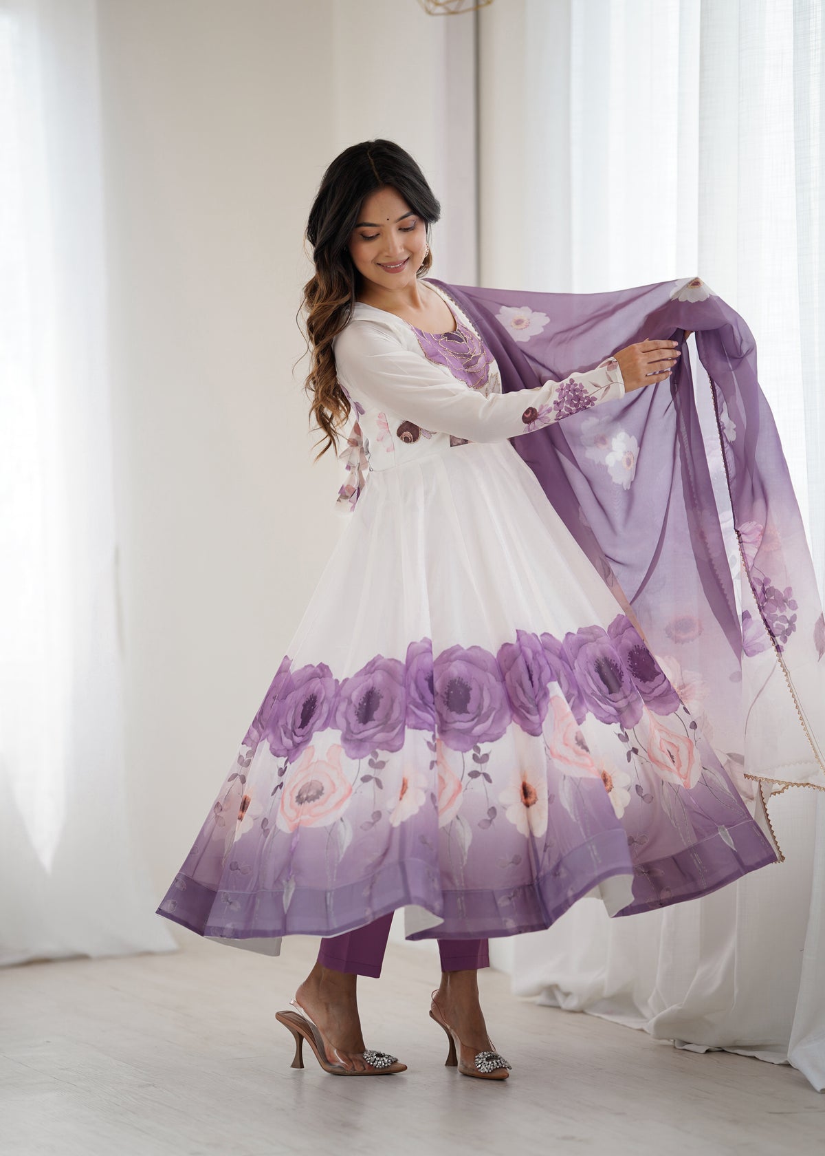 Violet & Onion Pink Floral Organza Silk Anarkali Gown with Gota Patti Dupatta & Pant Set