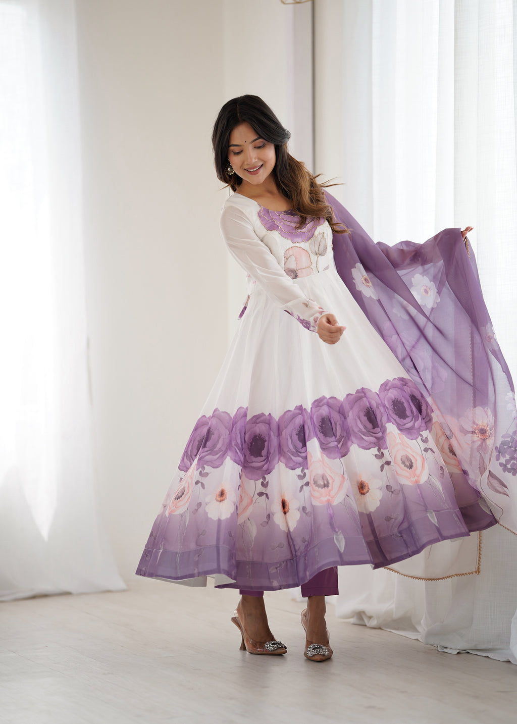 Violet & Onion Pink Floral Organza Silk Anarkali Gown with Gota Patti Dupatta & Pant Set