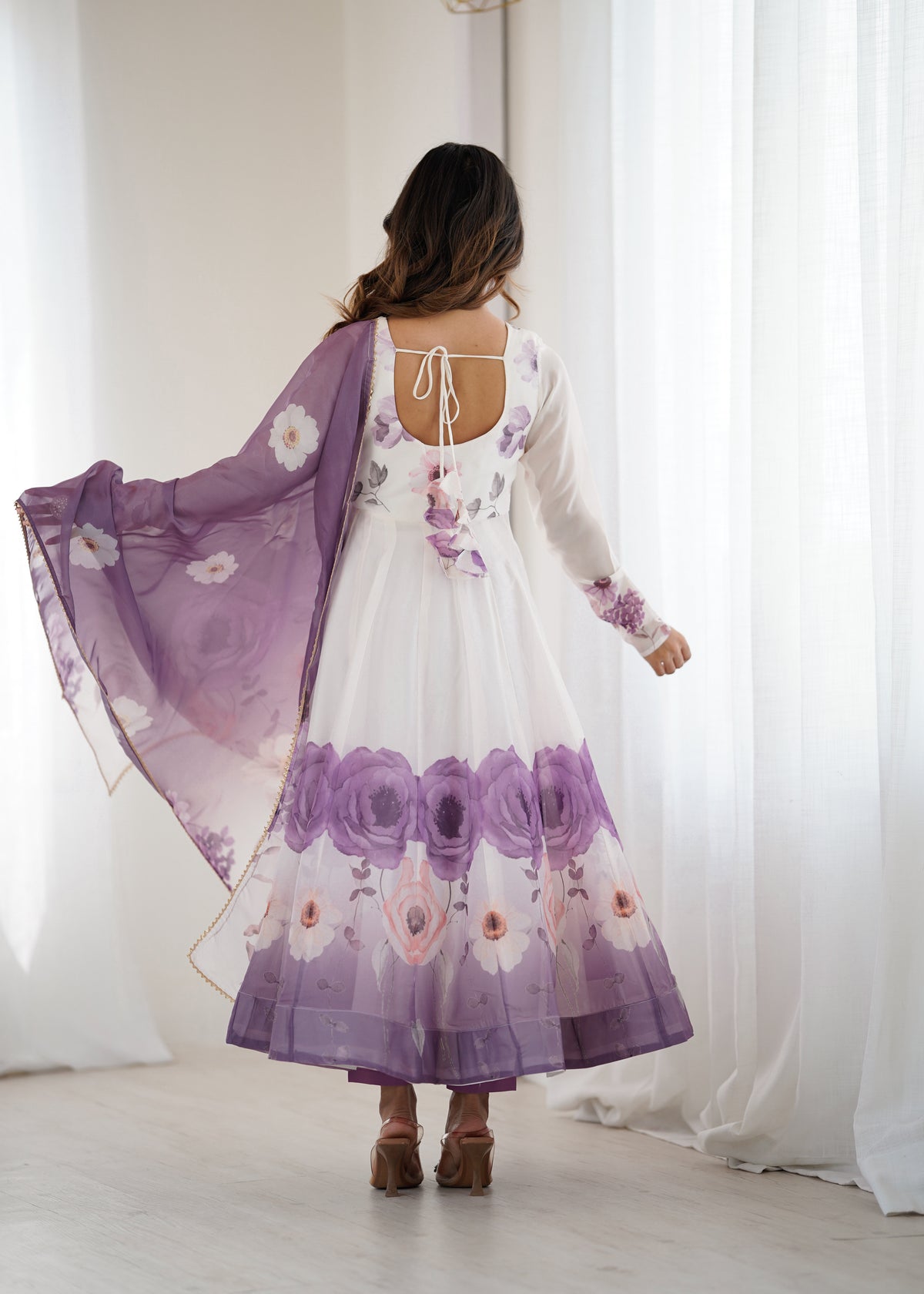 Violet & Onion Pink Floral Organza Silk Anarkali Gown with Gota Patti Dupatta & Pant Set