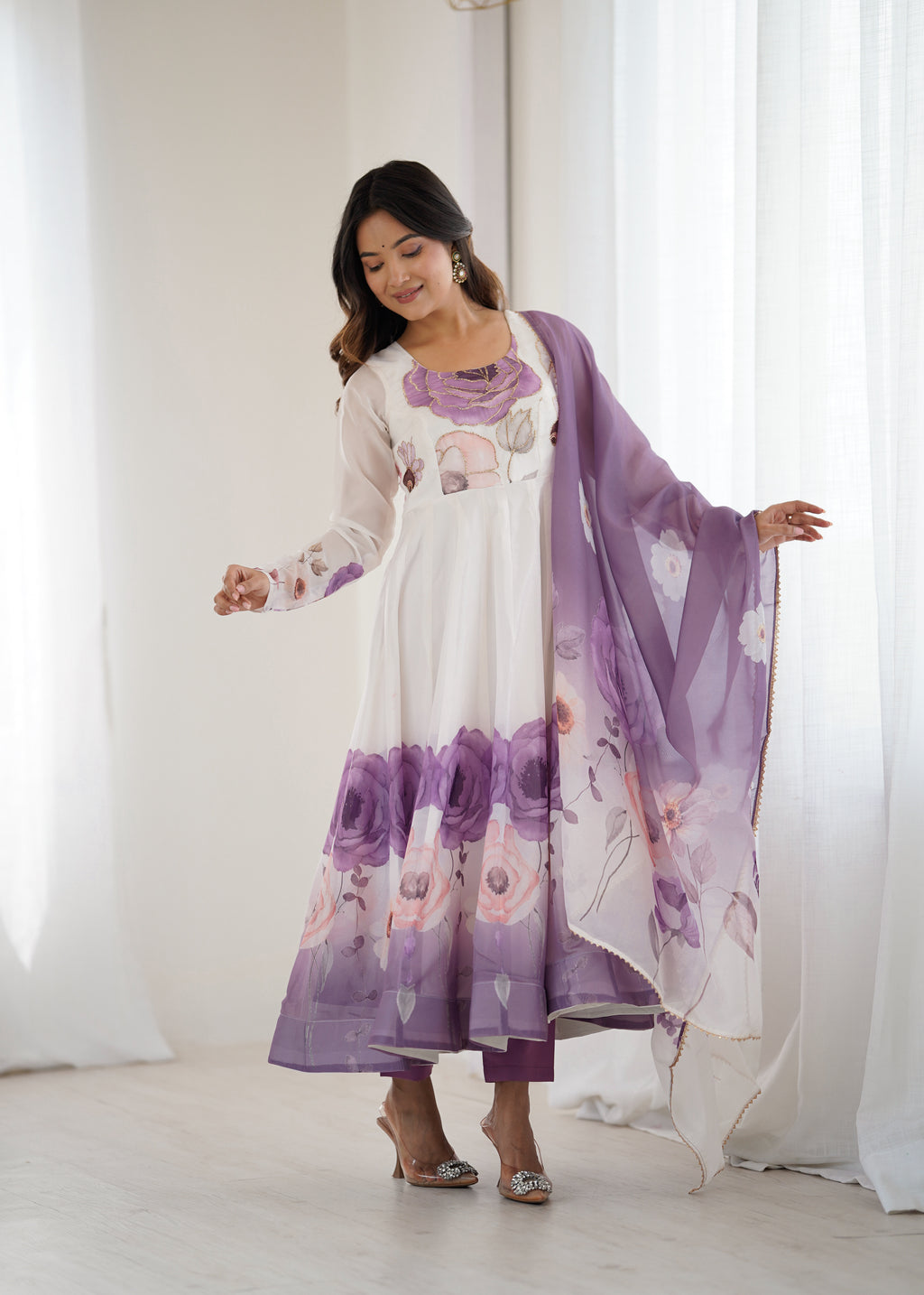 Violet & Onion Pink Floral Organza Silk Anarkali Gown with Gota Patti Dupatta & Pant Set