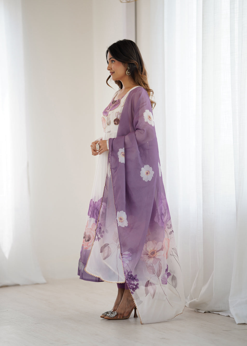 Violet & Onion Pink Floral Organza Silk Anarkali Gown with Gota Patti Dupatta & Pant Set