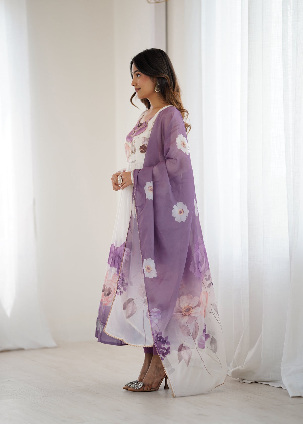 Violet & Onion Pink Floral Organza Silk Anarkali Gown with Gota Patti Dupatta & Pant Set