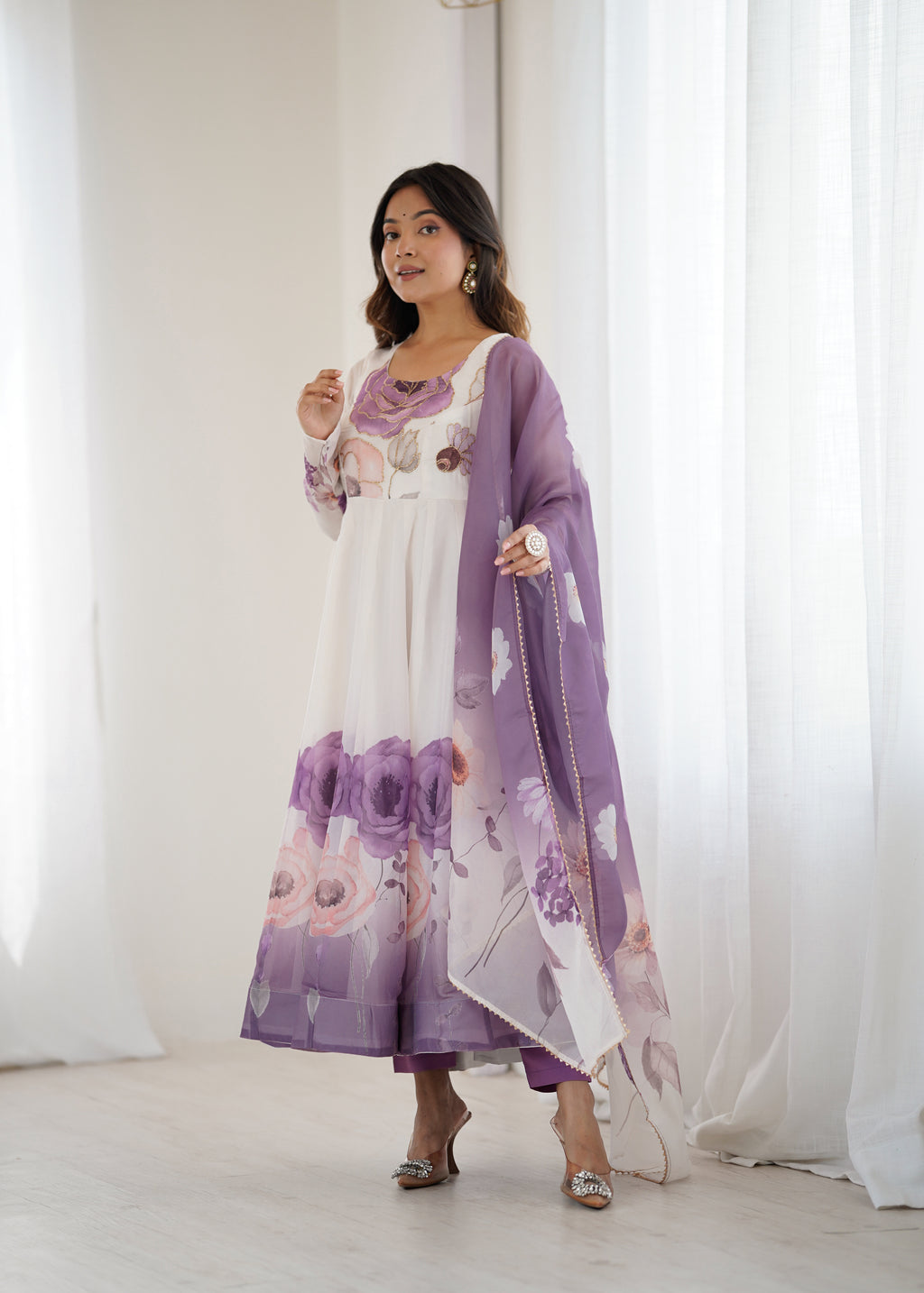 Violet & Onion Pink Floral Organza Silk Anarkali Gown with Gota Patti Dupatta & Pant Set