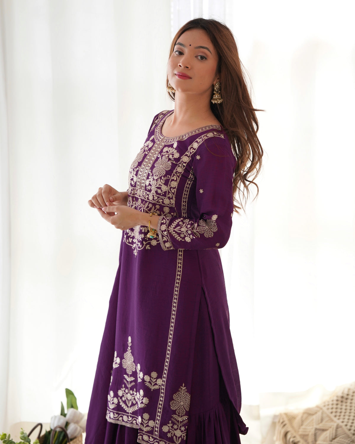 Chinnon Silk Embroidered Kediya Kurta Sharara Set with Dupatta