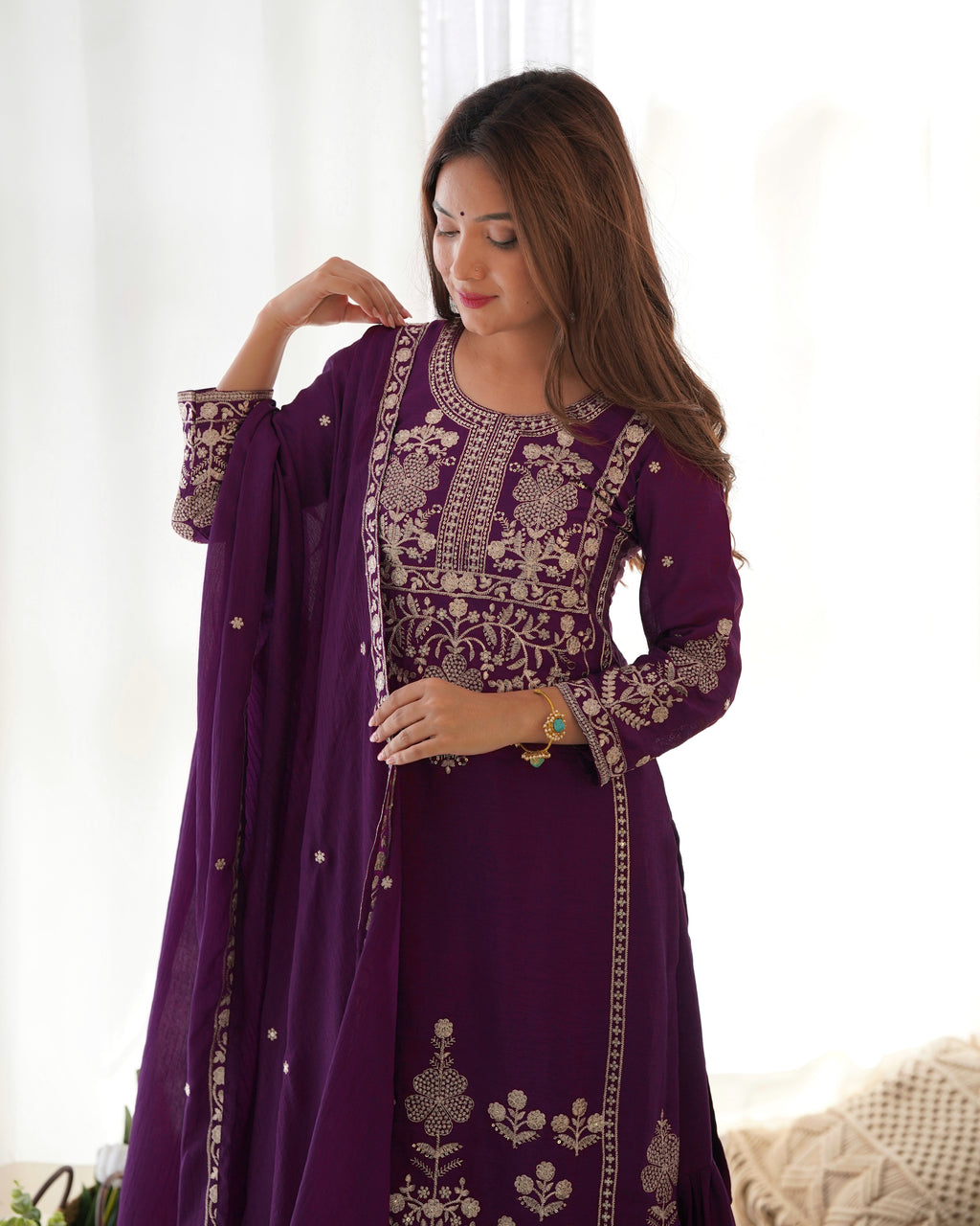 Chinnon Silk Embroidered Kediya Kurta Sharara Set with Dupatta