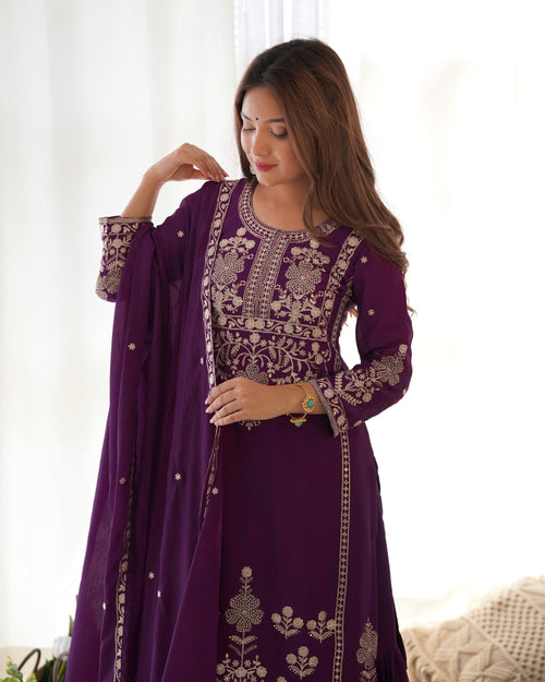 Chinnon Silk Embroidered Kediya Kurta Sharara Set with Dupatta