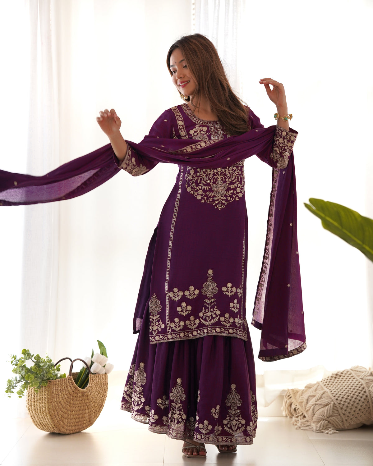 Chinnon Silk Embroidered Kediya Kurta Sharara Set with Dupatta
